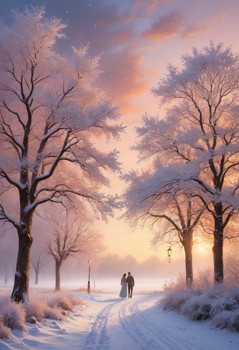 A serene winter landscape with snow-covered trees and a soft pastel sky, depicting a couple sharing a warm embrace amidst delicate snowflakes falling around them. Their breath visible in the cold air, symbolizing frozen love, while heartwarming details like a glowing lantern nearby add tenderness to the scene. super-realistic. soft colors. peaceful atmosphere.