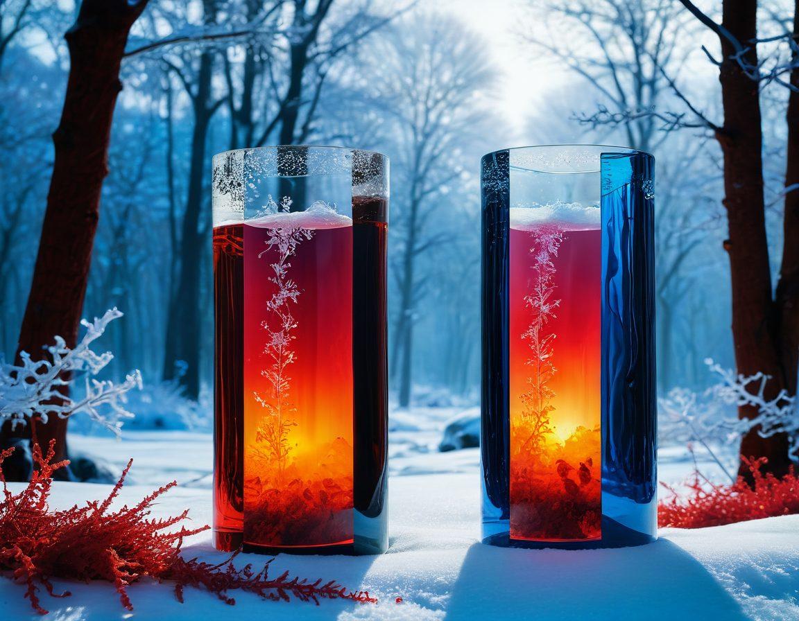 A dramatic scene showcasing two contrasting cylinders: one frozen in ice with a serene, frosty landscape, and the other glowing with warmth and vibrant colors, representing passion. Include abstract symbols of emotion, like hearts and flames, interacting between the two cylinders. The background should blend cool blues and warm reds in a seamless gradient, creating a visual metaphor for a temperature shift. surreal art. vibrant colors.